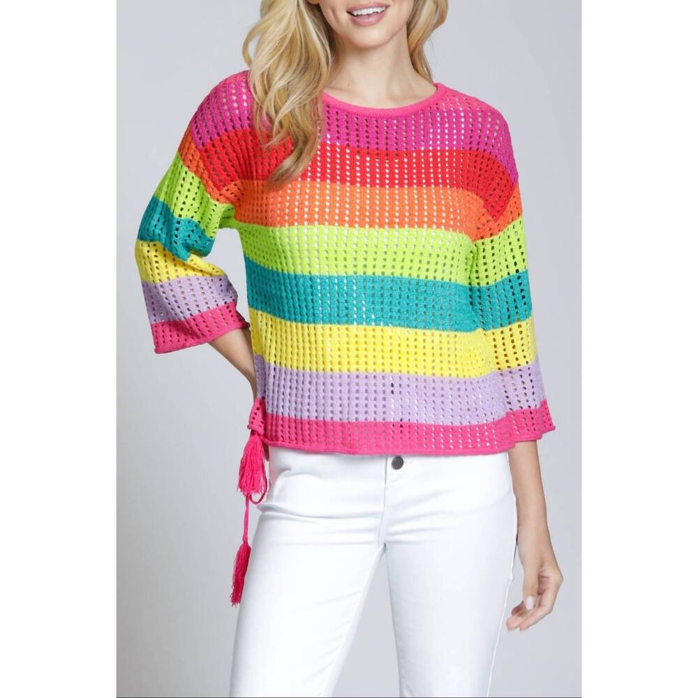 NEW APNY lattice stripe crew top in yellow/pink multi